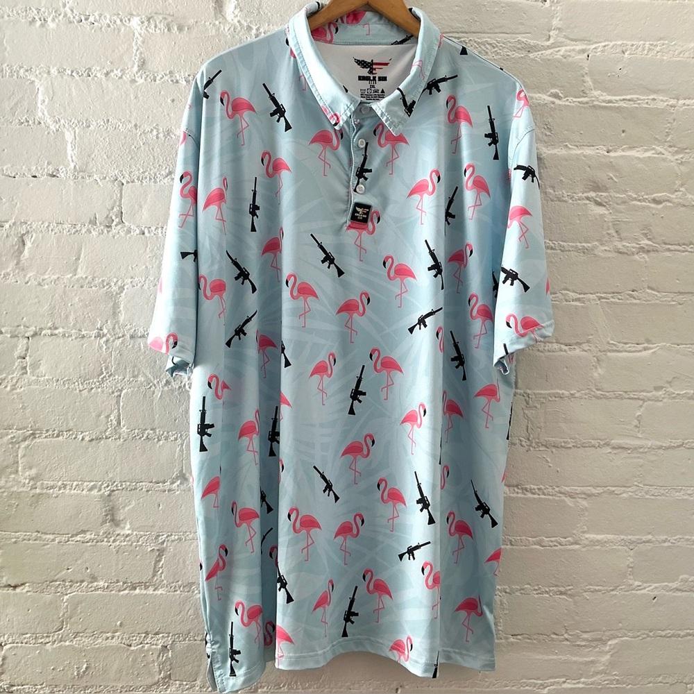 Eagle Six Gear Mens Polo Size XXL Flamingo Gun Blue and Pink Golf Hawaiian